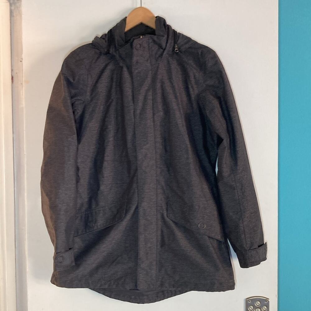 REI Womens Size L Gray Raincoat Shell With Hood Front Zipper 44" Bust